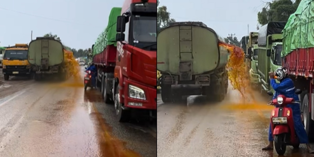 Keterangan Poto: Menyoroti insiden bocornya tangki minyak sawit dalam truk di Jalur Lintas Sumatera hingga viral di medsos. (TikTok.com/@virdonrivaldi_)